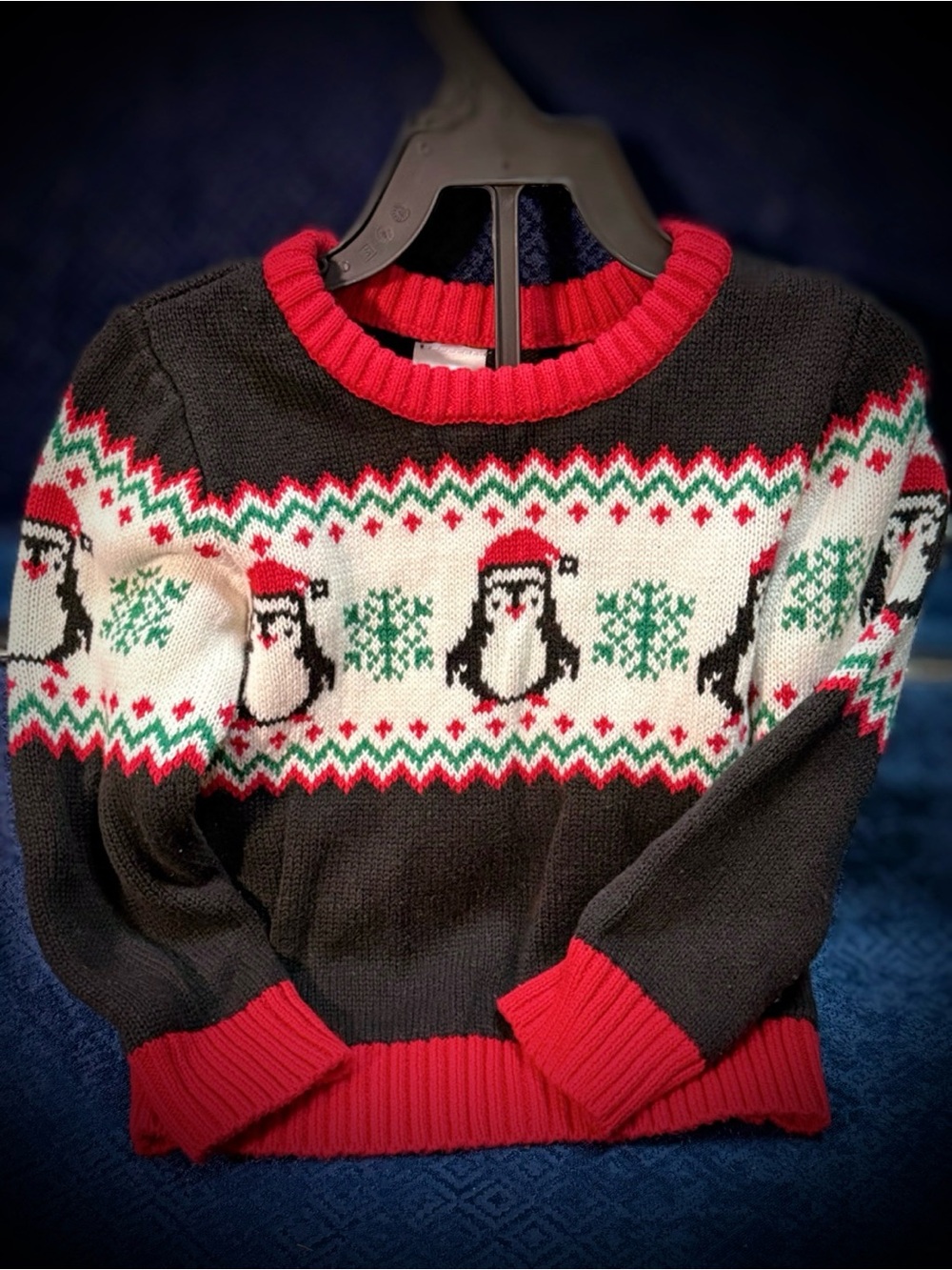 Holiday Time Black Crewneck Sweater with Red Trim and Penguin Fair Isle
